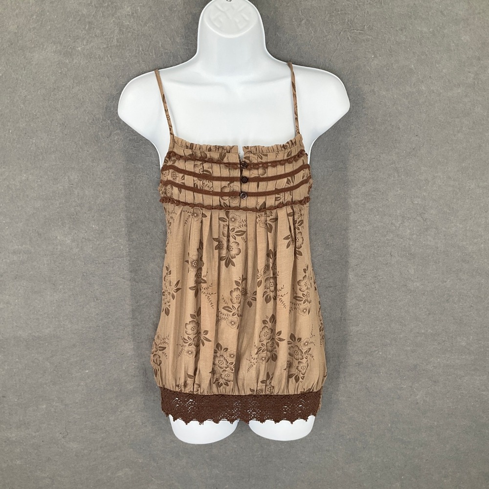 Floral Cami Top Sz S Brown‎ Lace Trim Boho Sleeveless Blouse Feminine Romantic